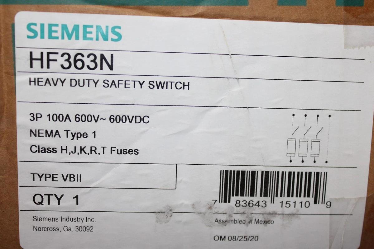 NIB SIEMENS HEAVY DUTY SAFETY SWITCH HF363N 100 AMP 3-POLE 600 VOLT TYPE 1