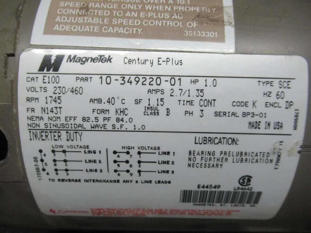 Used MAGNETEK CENTURY E-PLUS E100 10-349220-01 1 HP 2.7 AMP 460 VOLT 1745 RPM ENCL DP