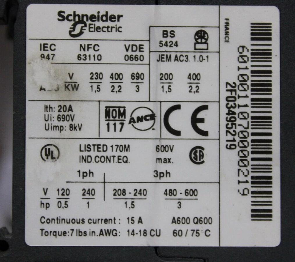 Used TELEMECANIQUE CONTACTOR LC1K0601F7 15 AMP 600 VAC 3 HP COIL: 110V *WARRANTY*