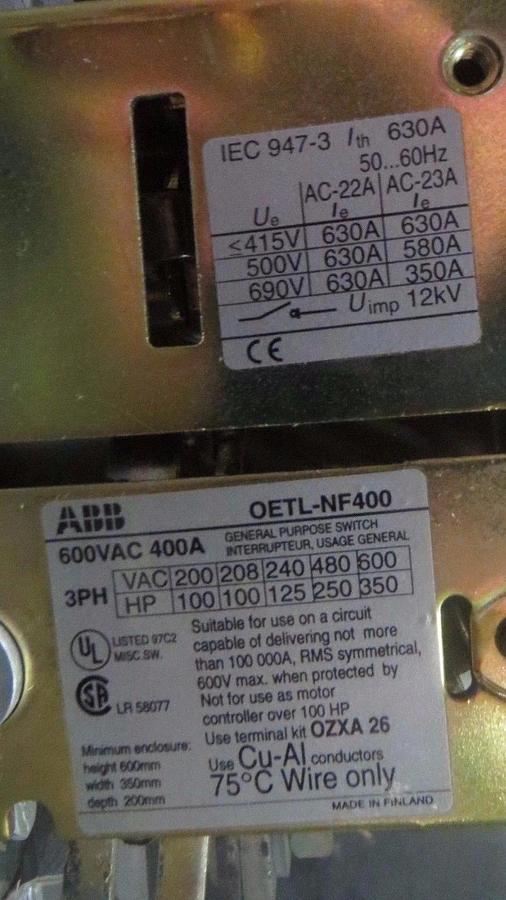 Used ABB GENERAL PURPOSE SWITCH 400 AMP 600 V 3 PHASE 350 HP MODEL: OETL-NF400