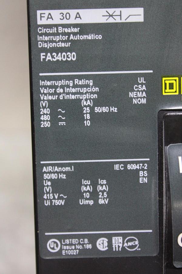 Used SQUARE D I-LINE CIRCUIT BREAKER FA34030 30 AMP 480 VOLT 3-POLE SERIES 2