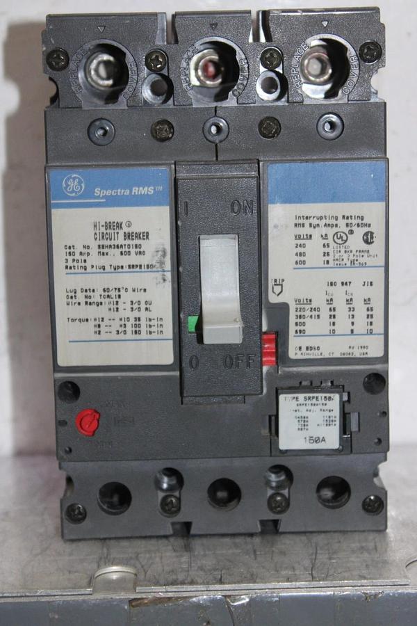 Used GE SPECTRA CIRCUIT BREAKER SEHA36AT0150 150 AMP 600 VAC 3-POLE W/ AUX. SWITCH