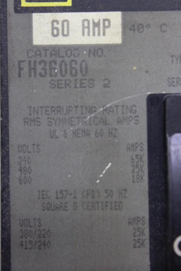 Used SQUARE D I-LINE CIRCUIT BREAKER FA36060 60 AMP 600 VOLT 3-POLE