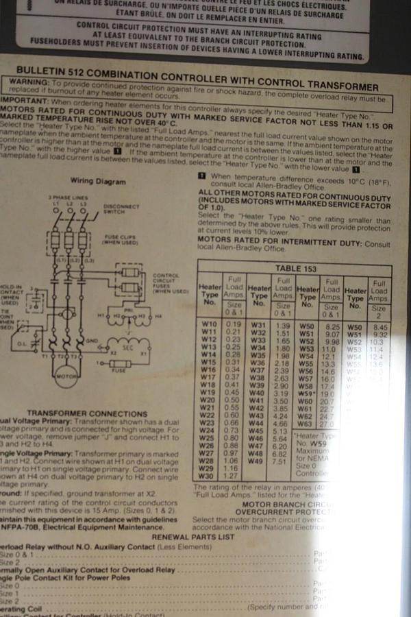 Used ALLEN BRADLEY COMBINATION STARTER 512-AJB-6P-24R TYPE 12 NEMA 0 600V 5 HP