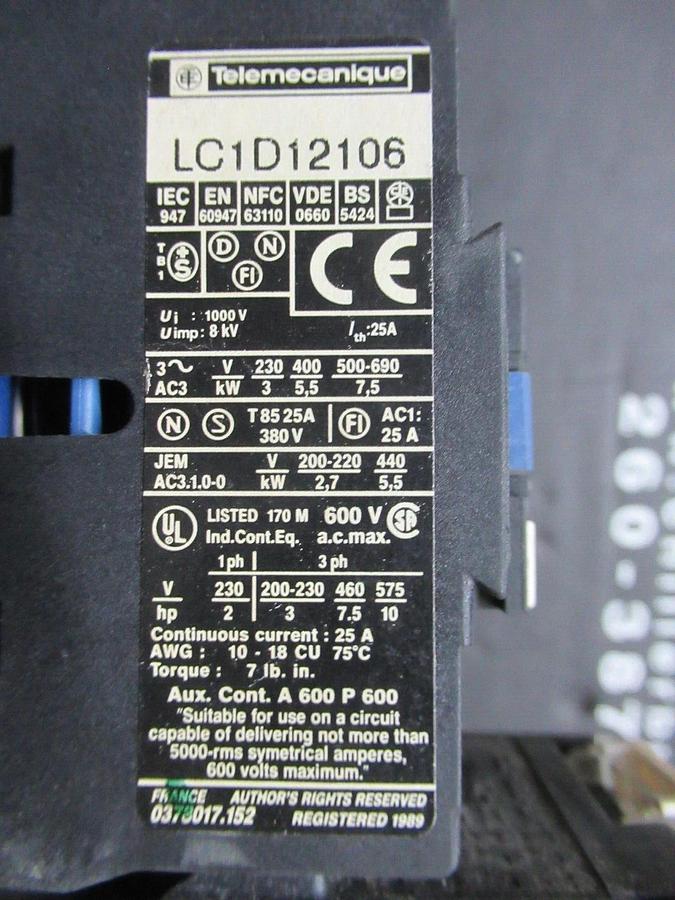 Used TELEMECANIQUE STARTER LC1D1206 W/ OVERLOAD RELAY LR2-D1312 25 AMP 600 VAC 10 HP