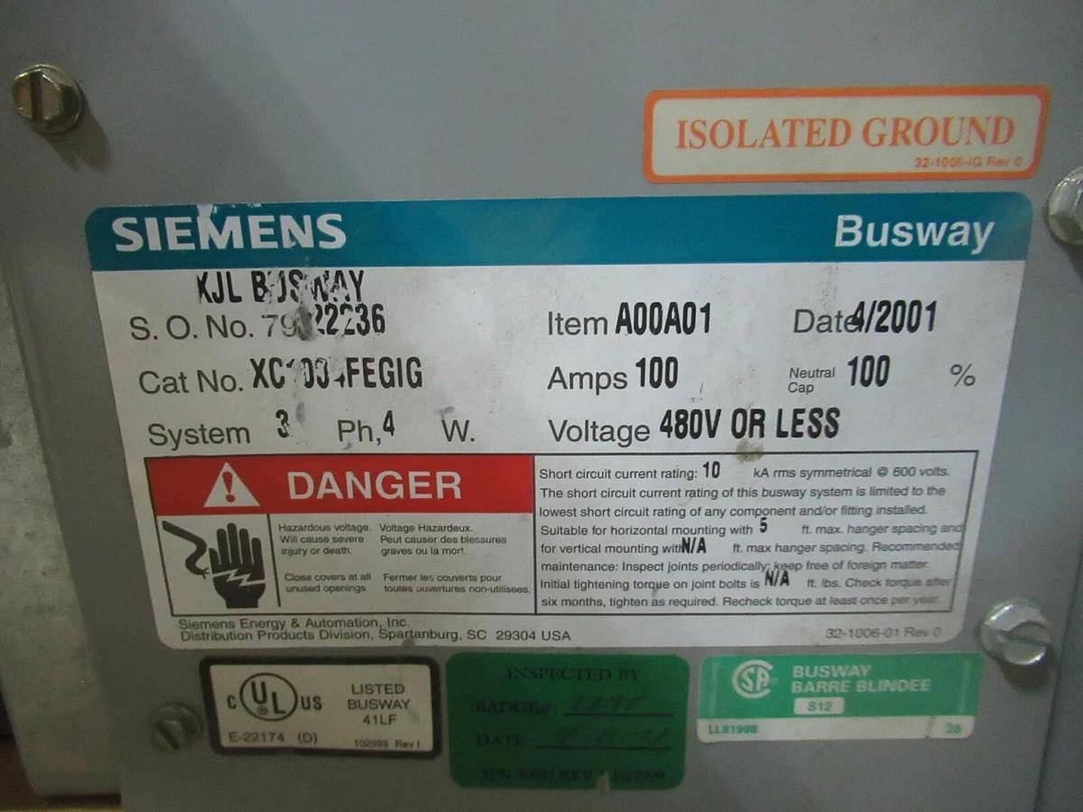 Used SIEMENS 100 AMP 240 V XJ-L BUSWAY TAPBOX W/ VACU-BREAK SWITCH V2E3203 4W XC1004G