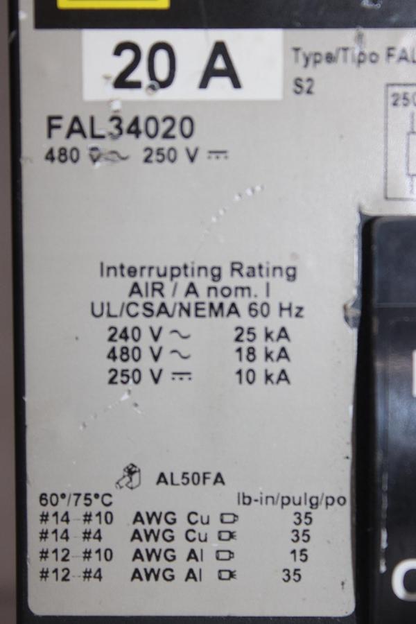 Used SQUARE D I-LINE CIRCUIT BREAKER FH26020BC SERIES 2 20 AMP 600 VAC 2-POLE