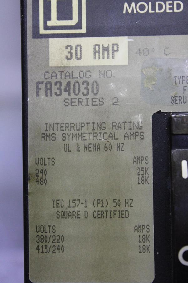 Used SQUARE D I-LINE CIRCUIT BREAKER FA36030 30 AMP 600 VOLT 3-POLE