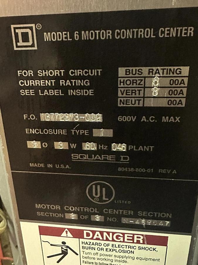 Used SQUARE D MODEL 6 MOTOR CONTROL CENTER MCC 3 SECTION 300 AMP VERTICAL 600 A HORZ