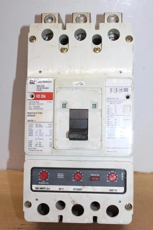 Used CUTLER HAMMER CIRCUIT BREAKER KD3400F 350 AMP TRIP 600 VAC 3-POLE KD3350W