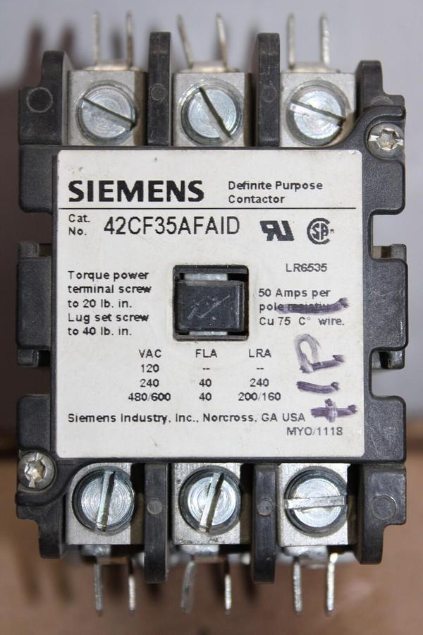 Used SIEMENS CONTACTOR 42CF35AFAID 600 VAC 40 AMP 20 HP 50 AMP/RES COIL: 120 VAC