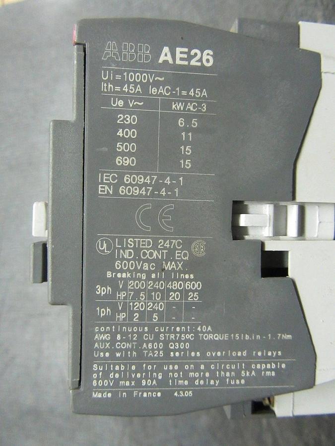 Used ABB CONTACTOR AE26-30 600V 40 AMP 25HP 3-PHASE COIL: 24 VDC *WARRANTY*