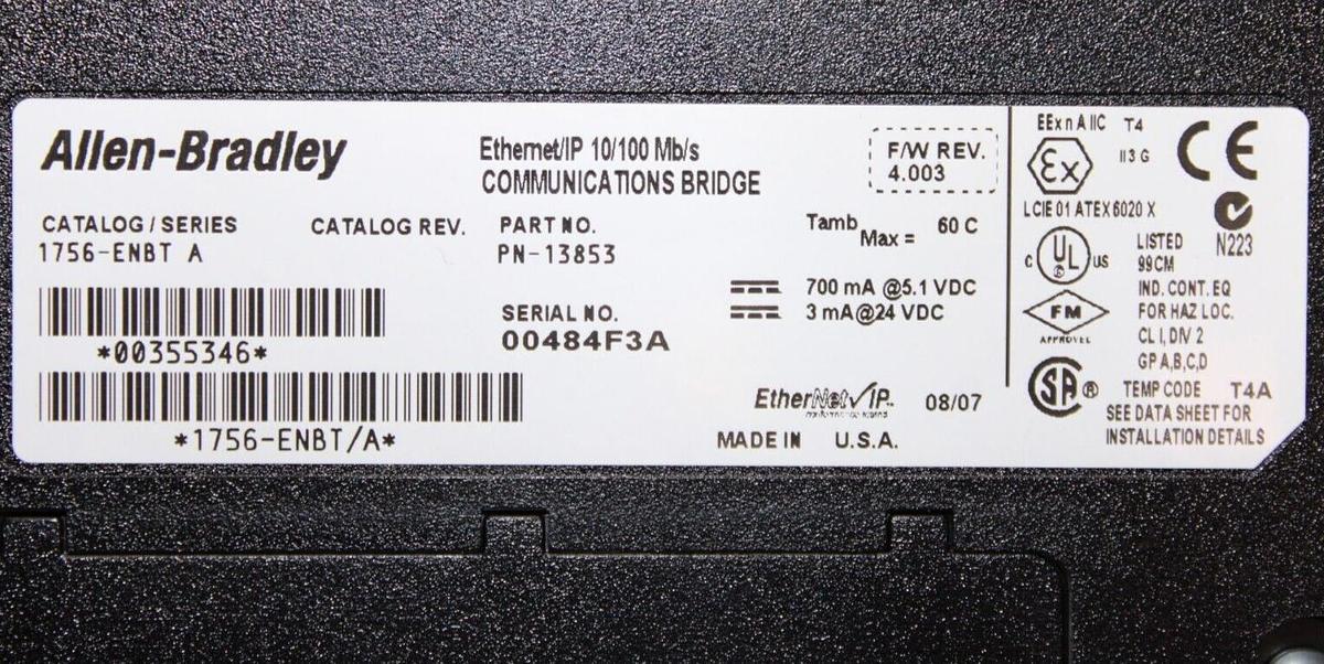 Used ALLEN BRADLEY COMMUNICATION BRIDGE MODULE ETHERNET/IP 1756-ENBT PN-13853
