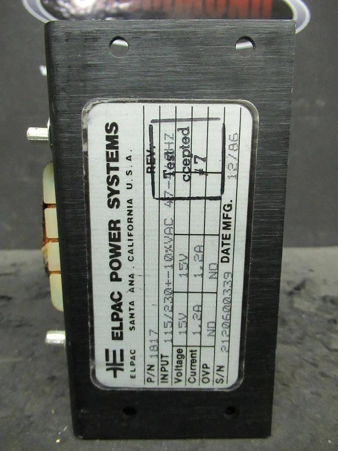 Used ELPAC POWER SYSTEMS POWER SUPPLY P/N 1817 115/230 VAC INPUT 15 VDC @ 1.2 AMP