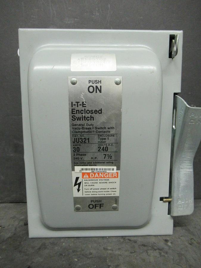 Used SIEMENS ITE 30 AMP 240 VAC HEAVY DUTY DISCONNECT SAFETY SWITCH JU321