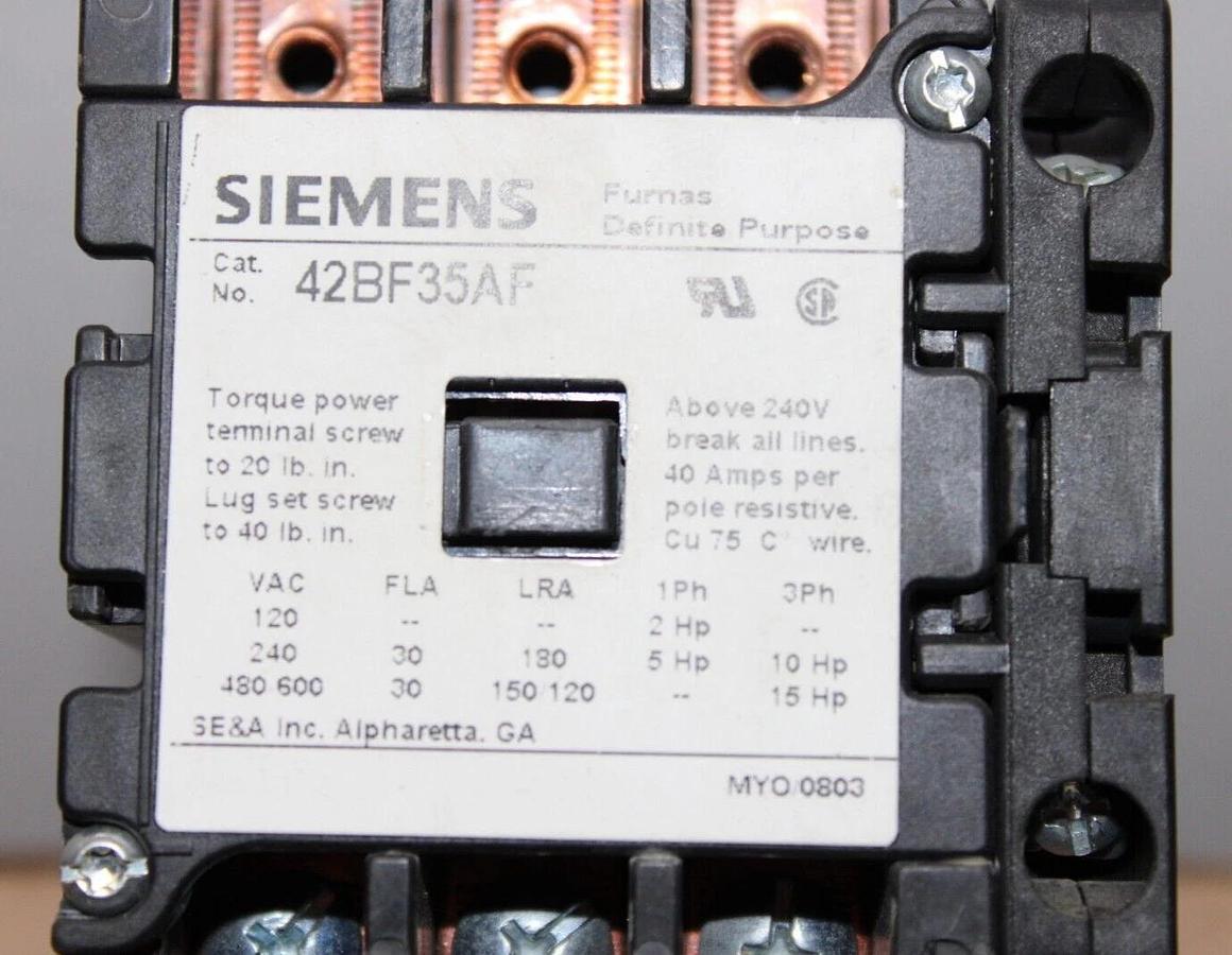 Used SIEMENS CONTACTOR 42BF35AF 600 VAC 3-POLE 30 AMP 15 HP COIL: 110/120 VAC