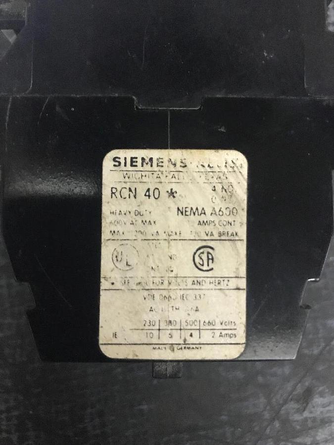 Used SIEMENS-ALLIS CONTACTOR RCN40 600V 10A **WARRANTY INCLUDED**