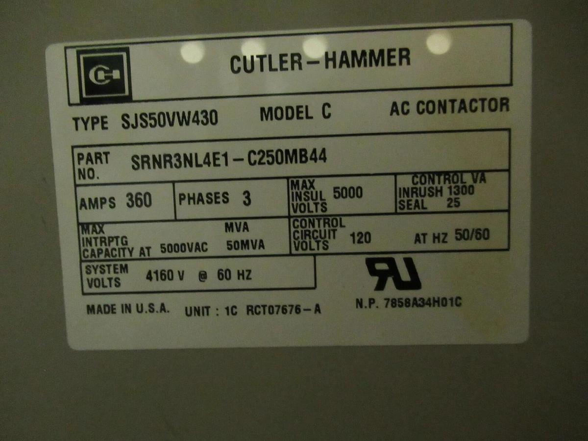 Used CUTLER HAMMER SRNR3NL4E1-C250MB44 / SJS50VW430 CONTACTOR 360 AMP 4160 VOLTS