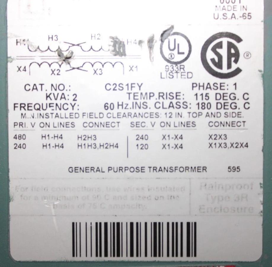 Used SQUARE D TRANSFORMER C21FY 2 KVA PRI: 480V SEC: 240V SINGLE PHASE
