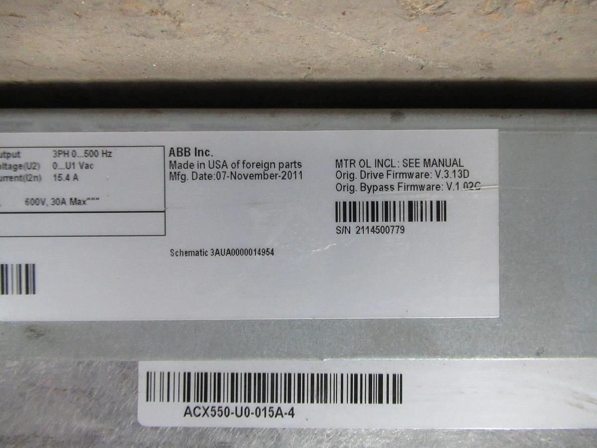 Used ABB VARIABLE SPEED DRIVE ACH550-VDR-015A-4 W/ BYPASS 10HP 3PHASE 480V 15.4A