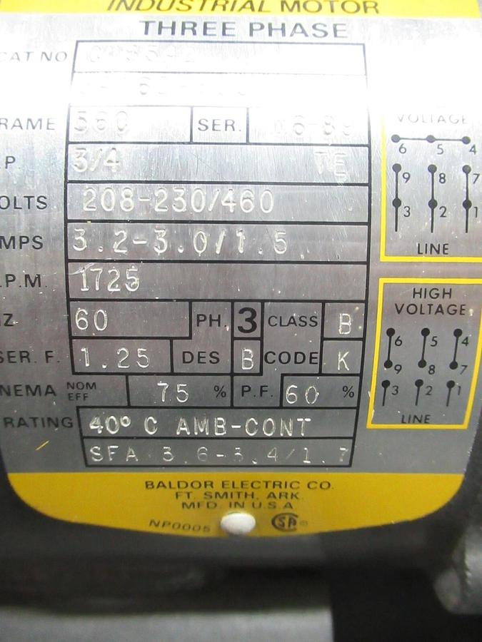 Used BALDOR 3-PHASE 56C MOTOR AND GEARBOX CM3542 W/ SUMITOMO HC-3097 3/4 HP 460 VOLT
