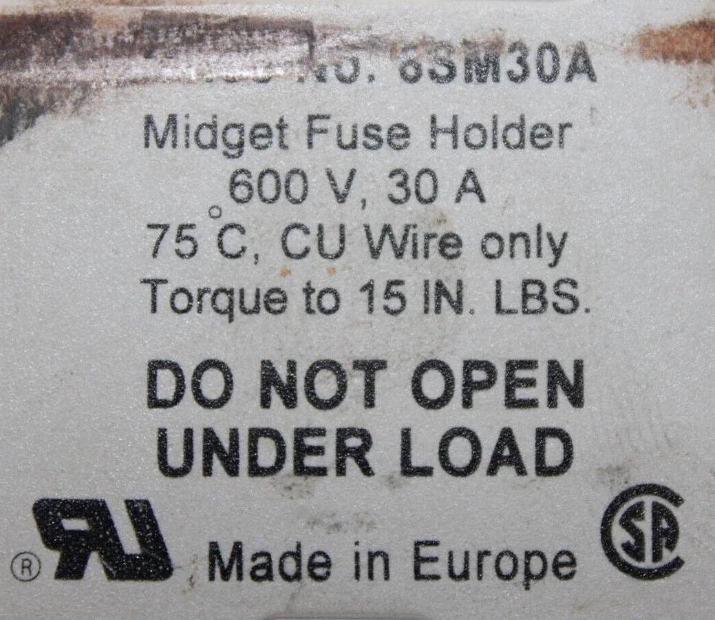 Used MARATHON MIDGET FUSE HOLDER 6SM30A 600 VOLT 30 AMP 2-POLE **WARRANTY**
