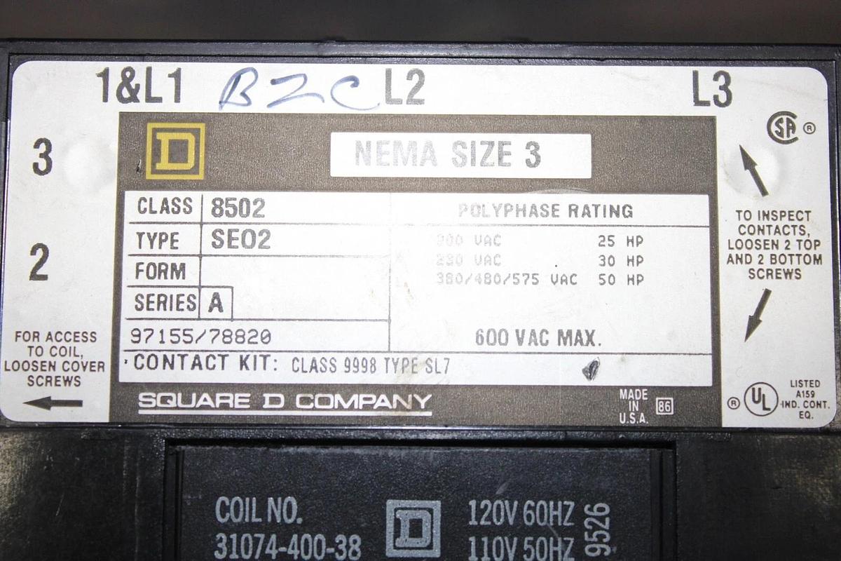 Used SQUARE D CONTACTOR 8502SEO2 NEMA SIZE 3 90 AMP 50 HP 600V 3-PHASE