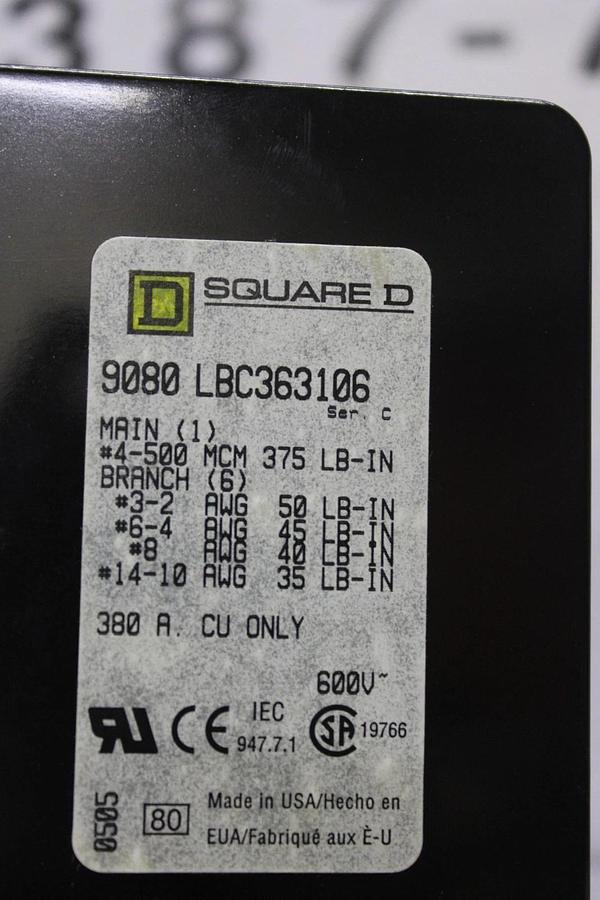 Used SQUARE D WIRE TERMINAL BLOCK 9080-LBC363106 300 AMP 600 VOLT 3-POLE **WARRANTY**
