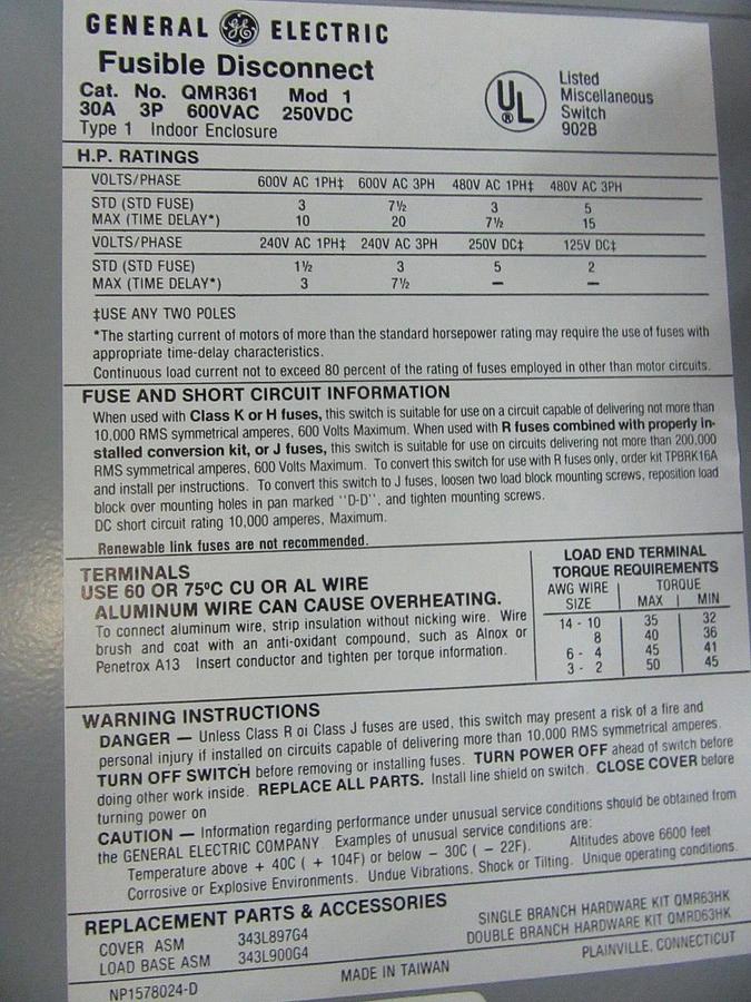 Used GE TWIN QMR PANELBOARD FUSIBLE DISCONNECT QMR361 30 AMP 600 VAC 20 HP