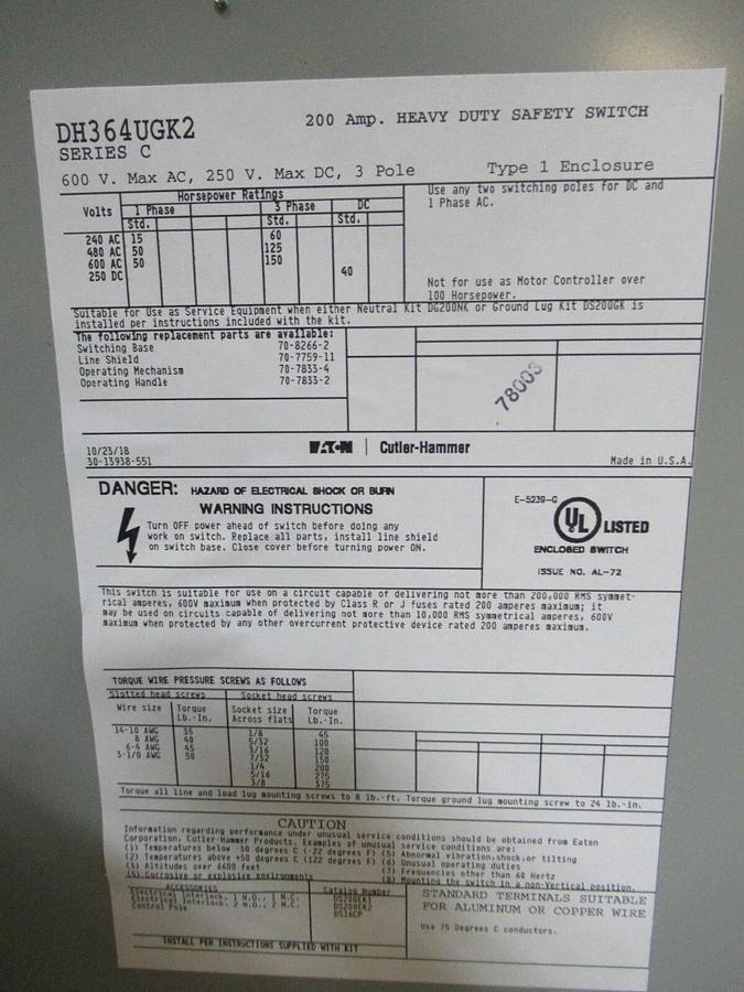 NIB EATON 200 AMP HEAVY DUTY SAFETY SWITCH DH364UGK2 TYPE 1 3-POLE 150 HP 600 V