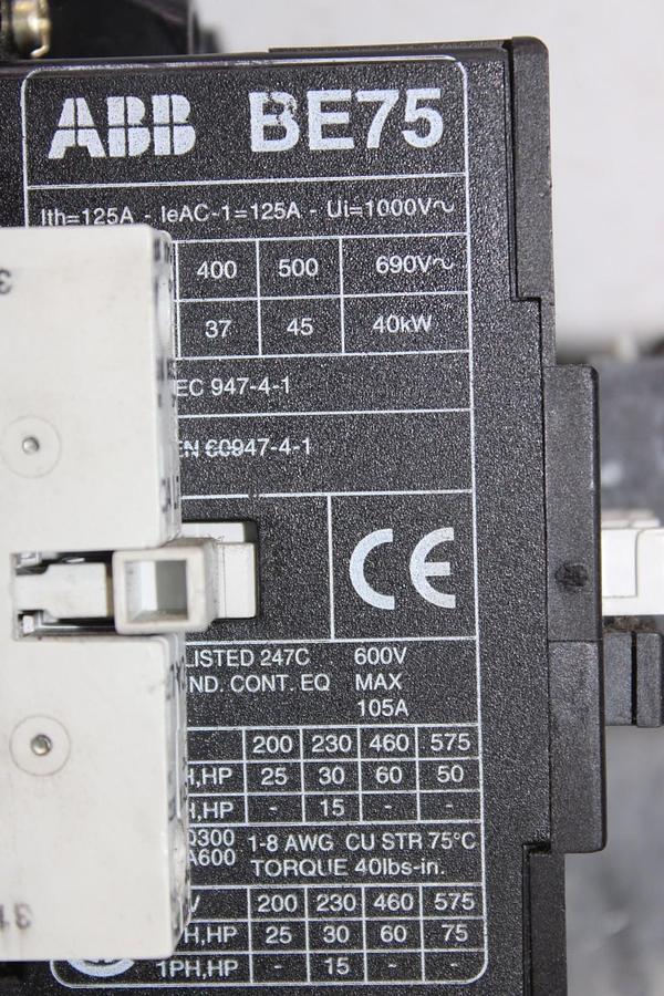 Used ABB CONTACTOR BE75C-Y21EX 105 AMP 600 VAC 3-POLE 75 HP COIL: 24 VDC