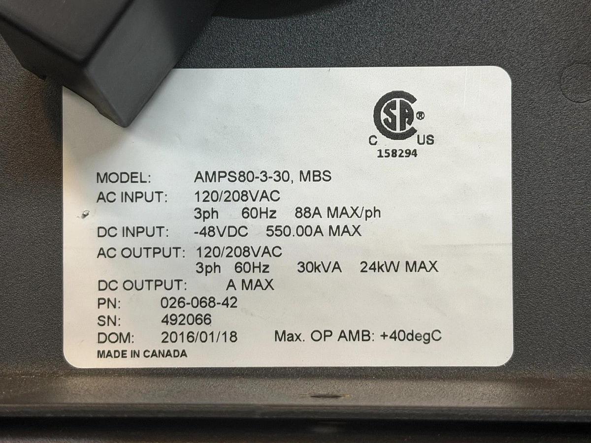 Used ALPHA MODULAR UPS CABINET AMPS80-3-30 80HP 0200018 208V 88 AMP W/ BYPASS SWITCH