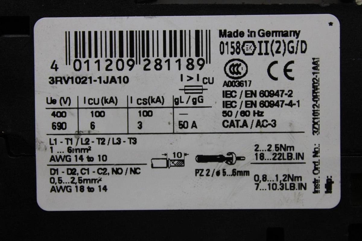 Used SIEMENS MANUAL MOTOR STARTER 3RV1021-1JA10 600 VOLT 7-10 AMP 10 HP *WARRANTY*