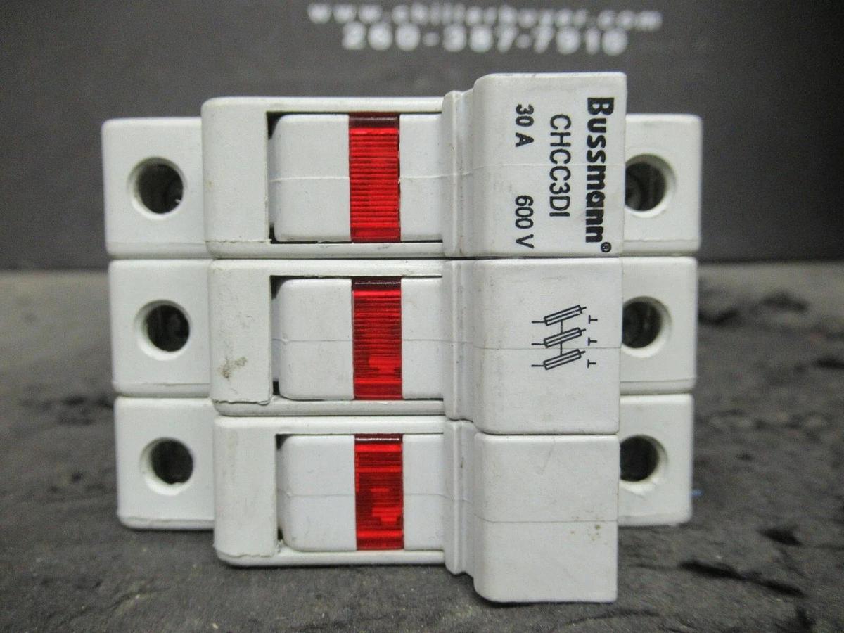 Used 30 AMP 600 VAC 3 POLE BUSSMANN CLASS CC FUSE HOLDER CHCC3DI SERIES CHCC UL CSA