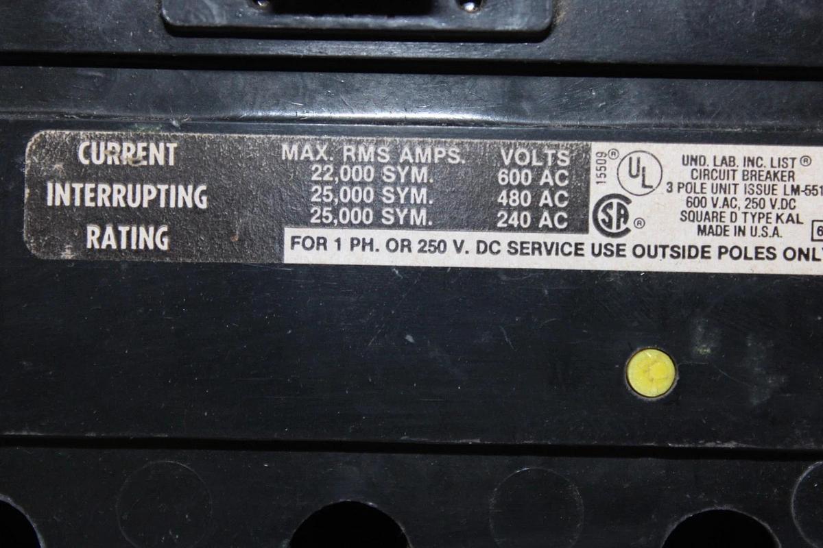 Used SQUARE D CIRCUIT BREAKER KAL362001021 200 AMP 600 VAC 3-POLE W/ SHUNT TRIP