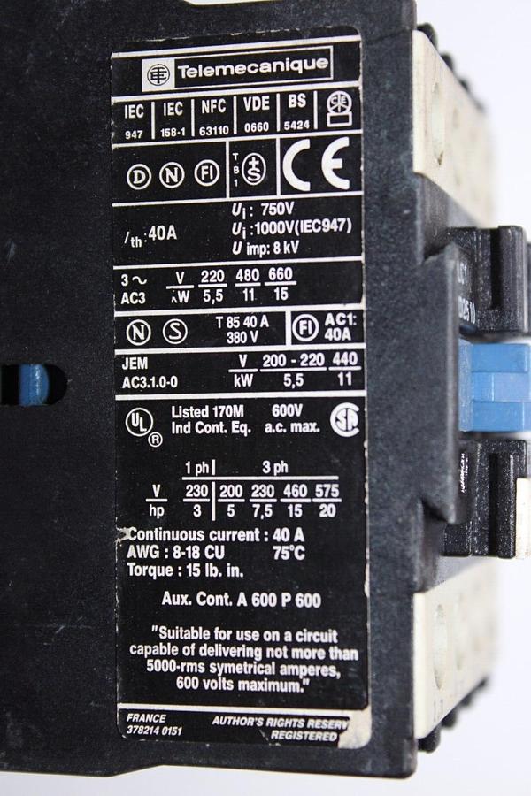Used TELEMECANIQUE CONTACTOR LC1D2510 40 AMP 600 VAC 20 HP COIL: 120 VOLT