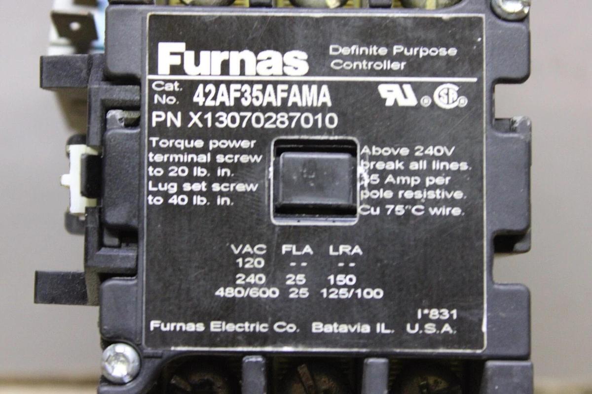 Used FURNAS CONTACTOR 42AF35AFAMA X13070287010 25 AMP 600 VOLT COIL: 110/120V