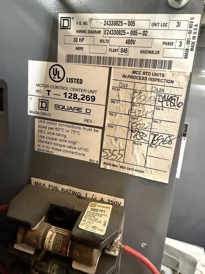 Used SQUARE D MODEL 6 MCC MOTOR CONTROL BUCKET 18" HU100-3MC6B NEMA 3 480 VOLT