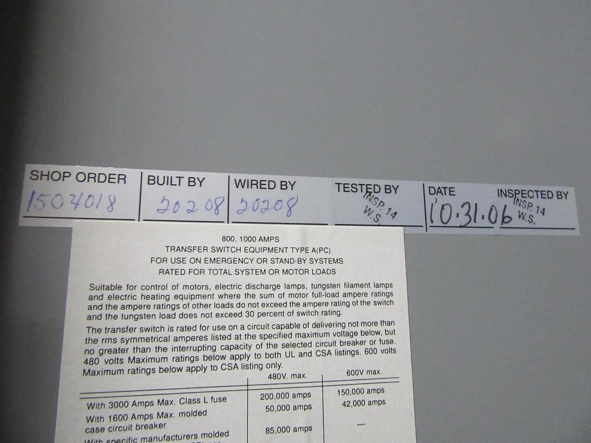 NEW 1000 AMP KOHLER ASCO ATS AUTOMATIC TRANSFER SWITCH ZCB-566641-1000 480 V 3 P