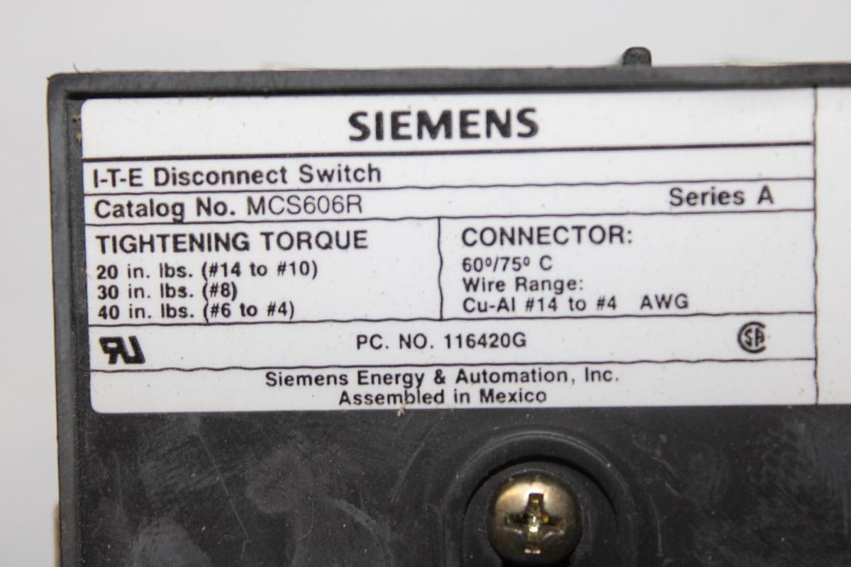 Used SIEMENS NEMA 1 ENCLOSED COMBINATION STARTER W/ SIZE 2 509-C0D & MCS606R SWITCH