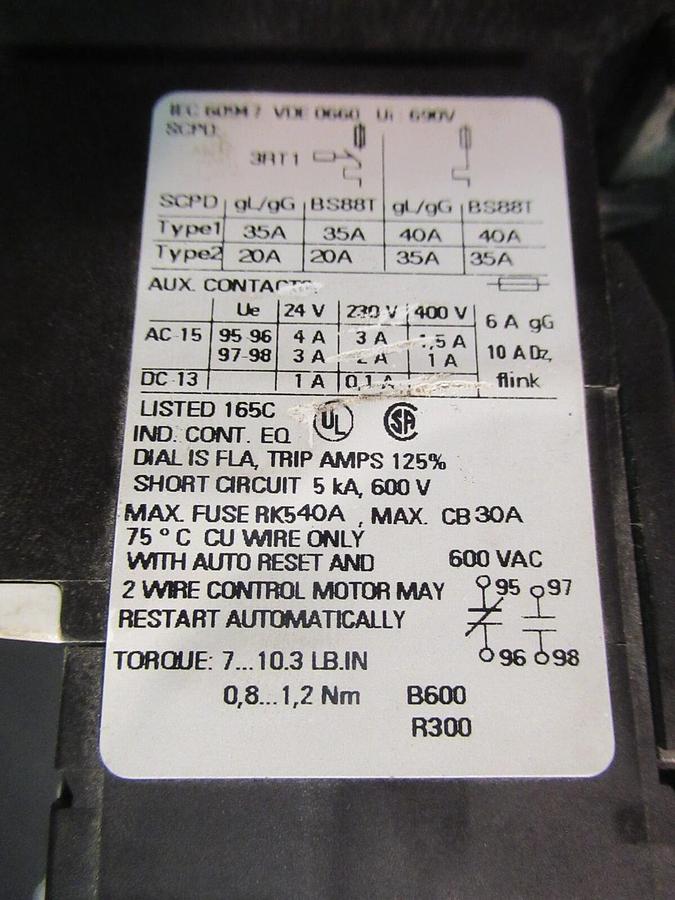 Used SIEMENS STARTER 3RT1017-1AK61 20 AMP 600 VAC 10 HP W/ 3RU1116-1JB0 OVERLOAD
