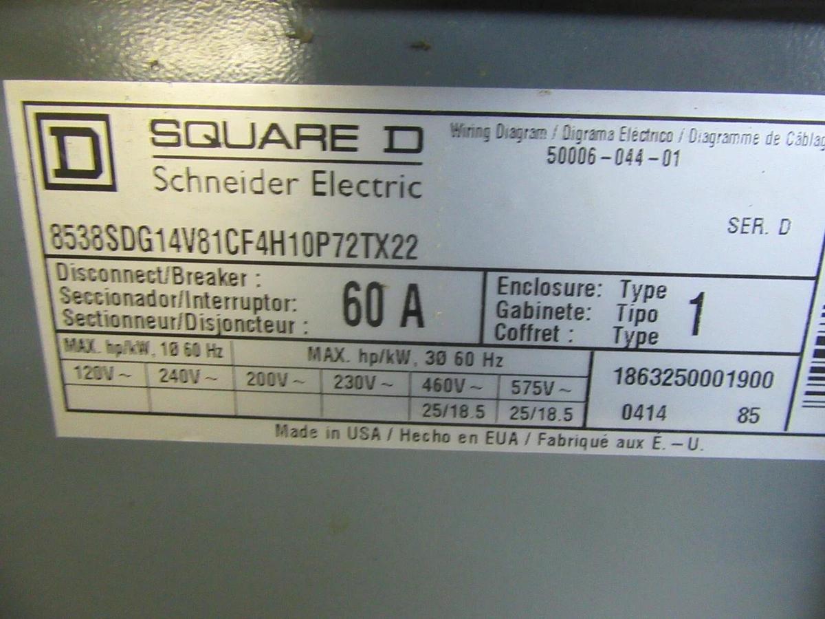 Used SQUARE D COMBINATION STARTER 8538SDG14 W/ 8536SDO1H10S 60 AMP 600 VAC SIZE 2