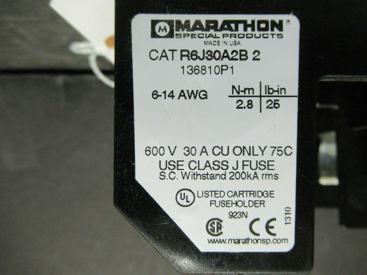 Used MARATHON FUSE LUG SET R6J30A2B-2 600 VOLTS 30 AMP **WARRANTY INCLUDED!**