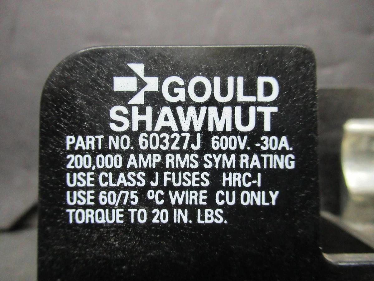 Used GOULD SHAWMUT FUSE BLOCK 60327J 600 VOLT 30 AMP CLASS J FUSES 2-POLE