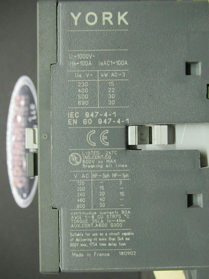 Used 80 AMP YORK CONTACTOR 024-31106-000 600 VAC 3 POLE **WARRANTY INCLUDED**