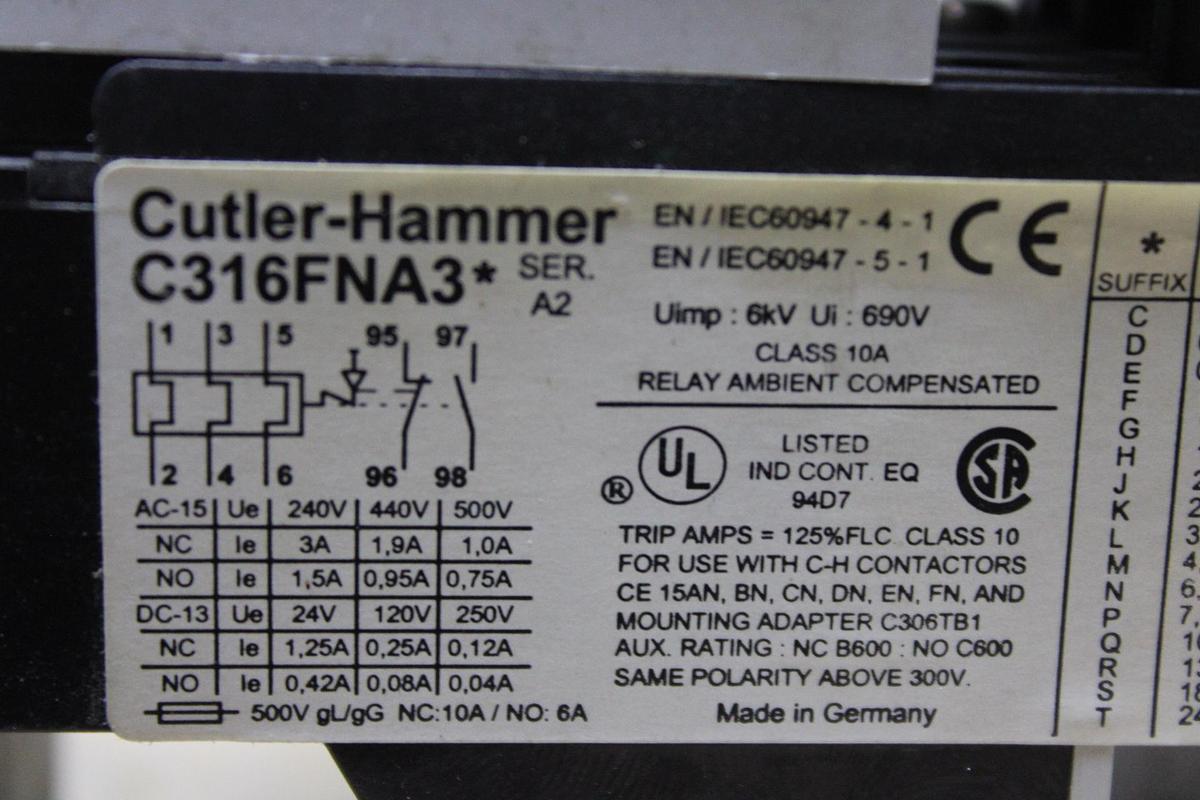 Used CUTLER HAMMER OVERLOAD RELAY C316FNA3* SER. A2