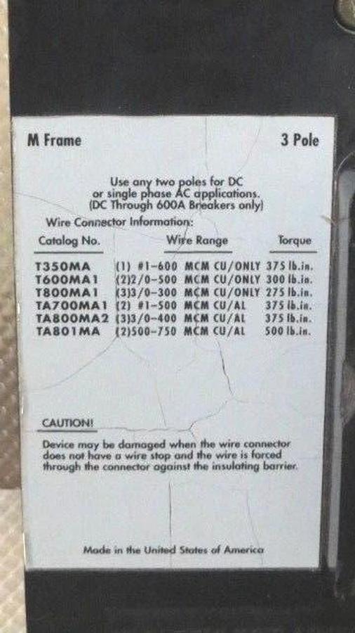 Used CUTLER HAMMER MH BREAKER 800 AMP 600 VAC 3 POLE W/ 800 AMP TRIP MODEL MH360800A