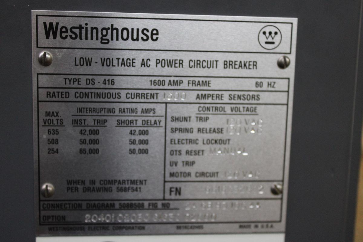 Used CUTLER HAMMER DS416 LOW VOLTAGE AC CIRCUIT BREAKER 1600 AMP 635 VOLT