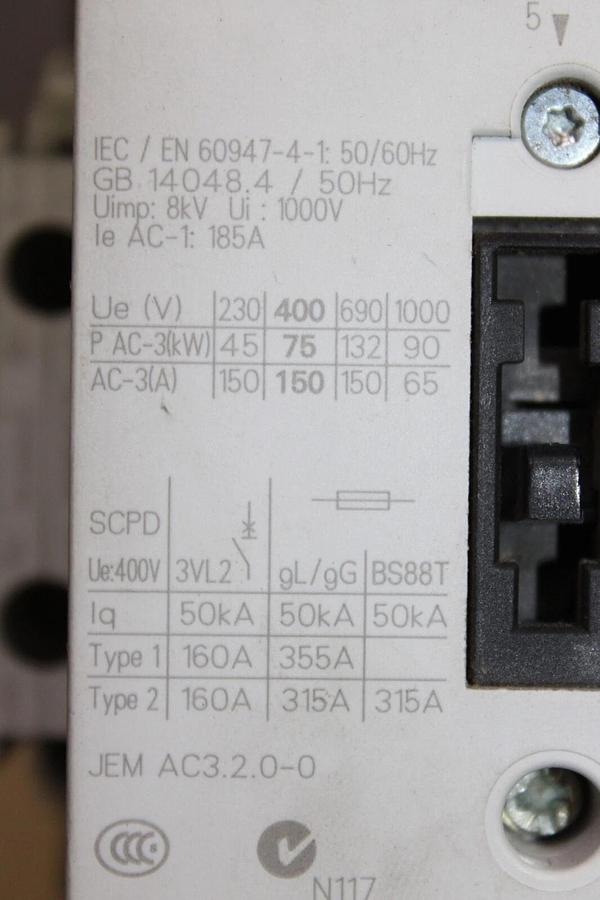 Used SIEMENS CONTACTOR 3RT1055-6...6 600 VAC 195 AMP 3-PHASE 150 HP COIL: 120 VAC