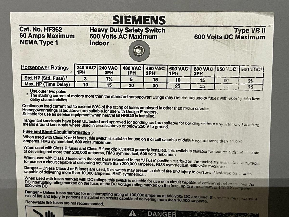Used SIEMENS HEAVY DUTY SAFETY SWITCH HF362 60 AMP 600 VAC 3-PHASE 50 HP NEMA 1